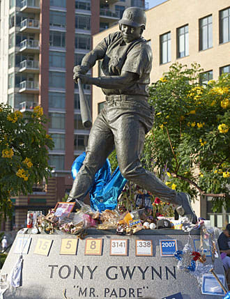 The statue of Gwynn outside Petco Park became a place for tributes to the Padres' legend after his death.